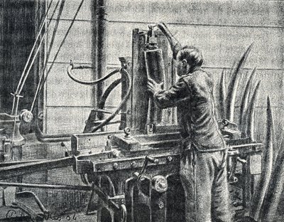 Fil dişlerini kesen fildişi ustası Pierre Calmette Özel Koleksiyonu “Excursion a travers les metiers”den gravür by Pierre Calmettes