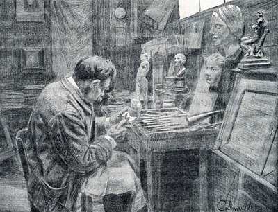 Keski, sıyırıcılar ve oyuklarla fildişi oyan fildişi işçisi Pierre Calmette Özel Koleksiyonu “Excursion a travers les metiers”den gravür by Pierre Calmettes
