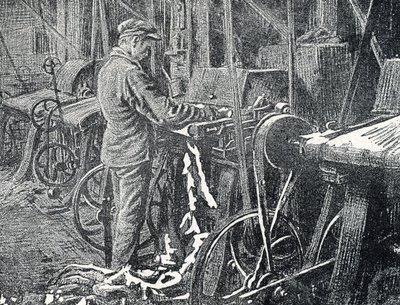 Deri endüstrisi: kürklerin mekanik olarak biçilmesi Pierre Calmette Özel Koleksiyonu "Excursion a travers les metiers"den gravür by Pierre Calmettes