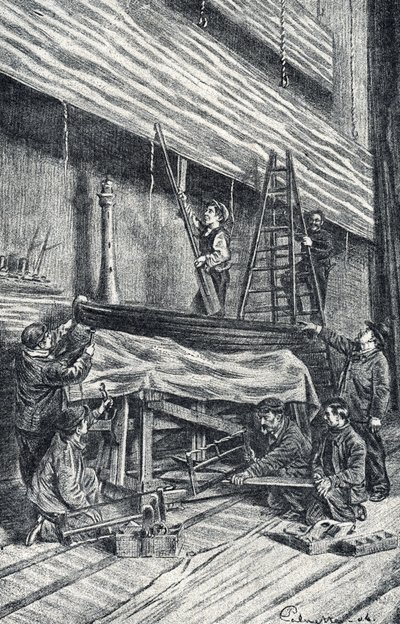 Mülk ustaları: performanstan önce sahne setlerinin kurulması Pierre Calmette Özel Koleksiyonu "Excursion a travers les metiers"den gravür by Pierre Calmettes