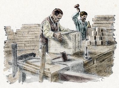 Savonnerie: le découpage des breads de soap (sabun kalıplarının imalatı) Pierre Calmette'in "Esnaf aracılığıyla gezi" adlı gravürü Özel koleksiyon by Pierre Calmettes