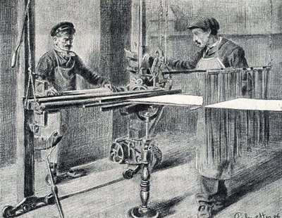 İpek atölyesi: Klasörde zincirin hazırlanması (İpek işi) Pierre Calmette Özel Koleksiyonu'nun “Metierler boyunca gezinti”den alınan gravür by Pierre Calmettes