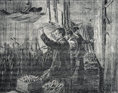 Aubusson Goblen: döşemeciler baş aşağı çalışıyor Pierre Calmette'in "Excursion a travers les metiers" gravürü Koleksiyon hakkı by Pierre Calmettes