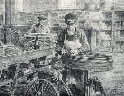 Üretimi sırasında bir bisikletin tekerlek tellerini jantlarına bağlayan işçiler (bisiklet üretimi) Pierre Calmette Özel Koleksiyonu'ndan gravür by Pierre Calmettes