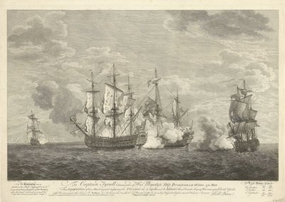 Bir İngiliz gemisinin St. Eustatius açıklarında üç Fransız gemisine saldırısı, 1758 by Pierre Charles Canot