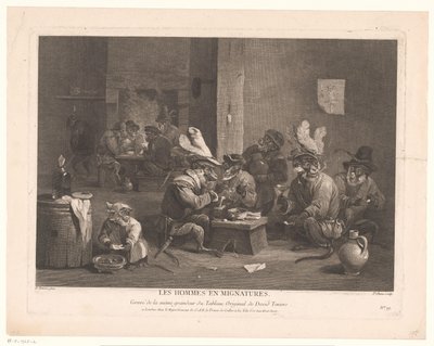 Les hommes en Mignatures hanında sigara içen ve içki içen maymunlar. (nesne üzerindeki başlık) by Pierre Chenu