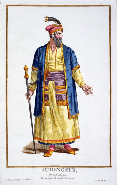 Aurengzeb, Recuil des Estampes'ten Moğol Hordes'in Büyük Hanı, temsili les Rangs et des Dignites, mevcut tüm ulusların Kostümü'ne göre, 1780'de yayınlandı (el renkli gravür by Pierre Duflos