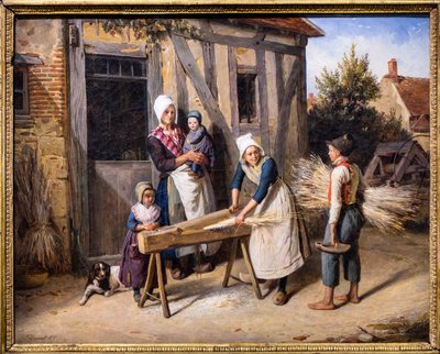 Çiftçi Ailesi (Köylüler bir kulübenin kapısının önünde kenevir hazırlamakla meşgul) by Pierre Duval Le Camus