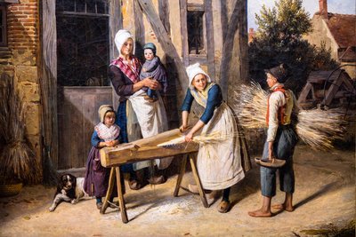Çiftçi Ailesi (Köylüler bir kulübenin kapısının önünde kenevir hazırlamakla meşgul) by Pierre Duval Le Camus