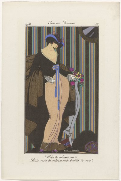 Journal des Dames et des Modes: Moda İllüstratörleri Journal des Dames et des Modes: Moda Haberleri Dergisi des Dames ve des Modes, Costumes Parisiens, 1913, No. 111: Kadife elbise (...) by Pierre Emile Legrain