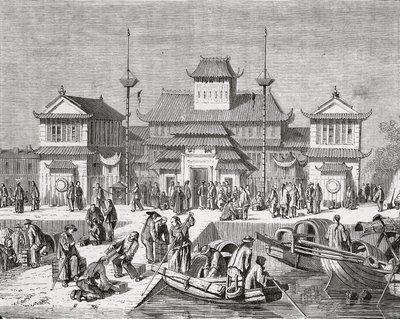 Çin, Şangay, Şangay Gümrük Evi, gravür by Pierre Eugene Grandsire