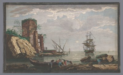 Toulon şehri yakınlarındaki bir sahilin ay ışığında görünümü Vüe des environs de Toulon (nesnenin üzerindeki başlık) by Pierre François Basan