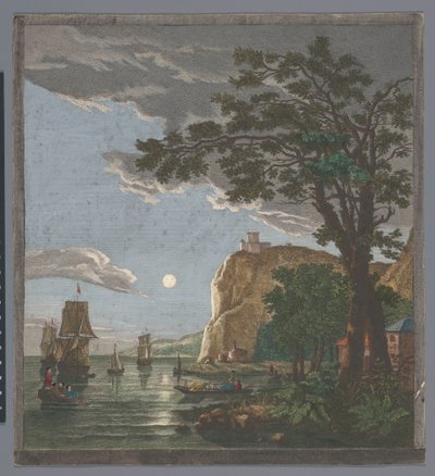 Ay ışığında suda gemiler ve teknelerle dolu bir sahil manzarası La pleine lune (nesne üzerindeki başlık) by Pierre François Basan