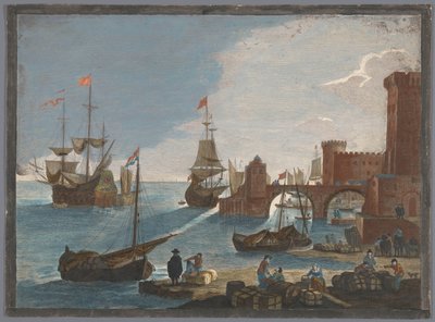 11. su üzerinde gemiler ve tekneler ile bir liman manzarası. Vüe maritime (nesne üzerindeki başlık) by Pierre François Basan