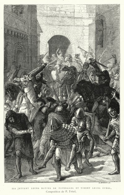 Saman Yığınlarını Atıp Kılıçlarını Çekerler (gravür) by Pierre Fritel