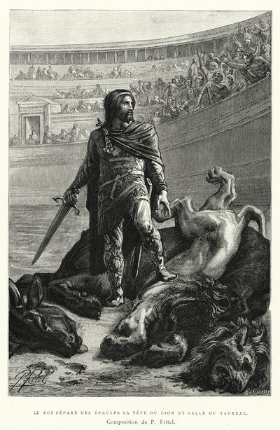 Kral Aslan Başını Boğa Başını Omuzlarından Ayırıyor (gravür) by Pierre Fritel
