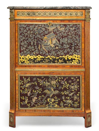 Louis XVI Secretaire a Abbatant, 18. yüzyılın sonları (mermer, deri, ormoluya monte edilmiş kral ağacı, lale ağacı, amaranth, sedef kakma Çin cilası ve Japanning) (ayrıca bkz. 3479849) by Pierre Harry Mewesen