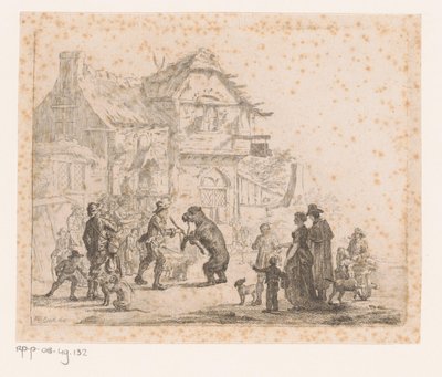 Bir hanın önünde arkadaşıyla dans eden ayı, ön planda da bir maymun by Pierre Jean Baptiste Leroy