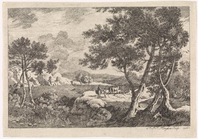 Ön planda ağaçlar olan manzara by Pierre Joseph Jacques Tiberghien