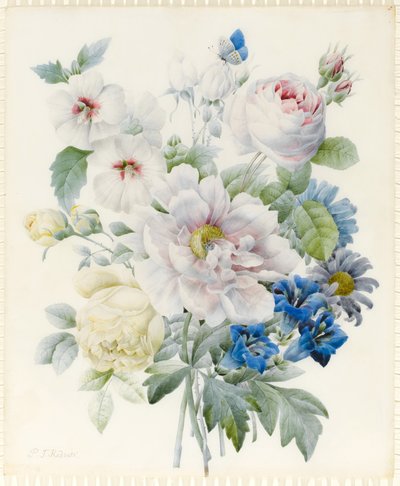Şakayık, Gül, Hibiscus, Aster, Centiyana ve Hayali Mavi Kelebek dahil bir Buket Çiçek (parşömen üzerinde grafit üzerinde Arap zamkı izleri olan grafit ve tuvalet) by Pierre Joseph Redouté
