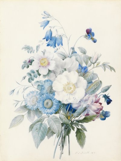 Mavi asterler, rosa spinosissima (hibrit), harebell, viyolalar, karanfil ve yabani bir gül by Pierre Joseph Redouté