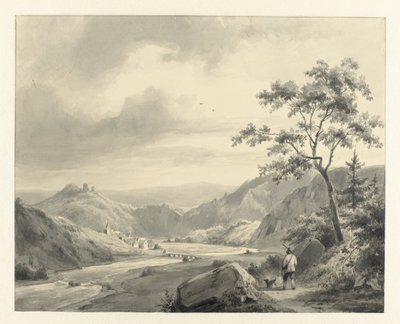Yolda köpek ile avcı ile tepelik manzara by Pierre Louis Dubourcq