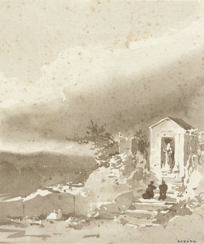Dağlarda bir şapelin önünde merdivenlerde diz çökmüş iki kişi by Pierre Luc Charles Ciceri