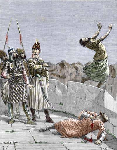 Doğunun İsmaili mezhebi ya da Dağın yaşlı adamı olarak bilinen Hassan ibn al-Sabbah (1036-1124) tarafından kurulan katiller”, iki fanatik takipçisinin kendilerini öldürmelerini emrediyor, Alamut, İran, 1096 civarında” (Nizari) İsmailizm: Hassan'ın tems by Pierre Mejanel
