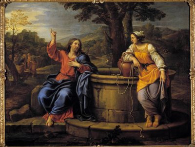 İsa ve Samiriyeli Dinlenmek için oturan İsa, su çekmeye gelen ve ondan içmesini isteyen bir Samiriyeli ile tanışır. Resim Pierre Mignard (1612-1695) 17. yüzyıl Raleigh, sanat müzesi by Pierre Mignard