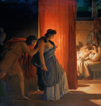 Clytemnestra, uyuyan Agamemnon'u öldürmeden önce tereddüt ediyor by Pierre Narcisse Guerin