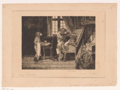 Diş hekimi, asistan ve hasta olarak maymunların hicivli tasviri by Pierre Peeters (signed by artist)