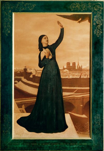 "Düşmanın pençesinden kaçan beklenen mesaj, gururlu şehrin kalbini yüceltiyor" (yağlı boya) by Pierre Puvis de Chavannes