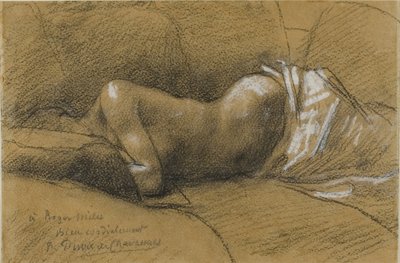 Uyuyan Kadın Çalışması, 1867 dolayları (beyaz pastel ile zenginleştirilmiş siyah conté pastel boya, ten rengi dokuma kağıt üzerinde, krem renkli kart üzerine yerleştirilmiş) by Pierre Puvis de Chavannes