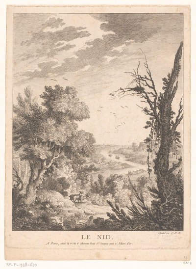 Geyik, tavşan ve kuşlar ve arka planda bir nehir ile manzara Le Nid (nesne üzerindeki başlık) by Pierre Quentin Chedel