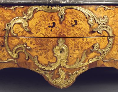 Adrien Delorme tarafından satılan bir Louis XV komodinin detayı (ormolu monte lale ağacı, amaranth, meyve ağacı ve kakmacılık) (ayrıca bkz. 463007) by Pierre Roussel