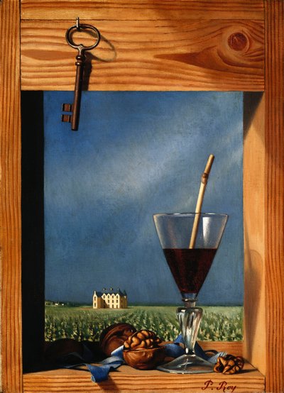 Kale önünde bir kadeh şarap; Şato önünde şarap satışı by Pierre Roy