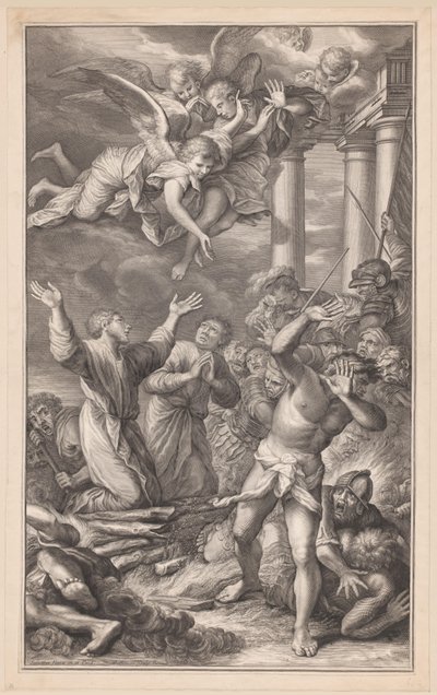 Cosmas ve Damianus, askerler ve meleklerle çevrili bir kazığa bağlandı. by Pierre Simon (I)
