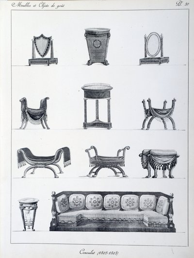 Dönem Konsolosluğu mobilyaları (1802-1803). Pierre de la Mesangere (1761-1831) tarafından “Mobilya ve zevk nesneleri koleksiyonu” koleksiyonundan alınan plaka. Paris. Dekoratif Sanatlar by Pierre de La Mesangere