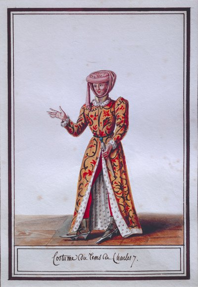Charles VII (1403-1461), Pierre Antoine Leboux de La Mesangere (1761-1831), suluboya zaman kostümünü gösteren kadın moda plakası by Pierre de La Mesangere