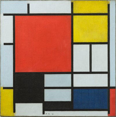 Büyük kırmızı düzlem, sarı, siyah, gri ve mavi ile kompozisyon, 1921 by Piet Mondrian