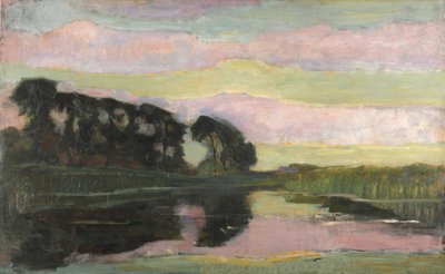 Pembe ve sarı yeşil gökyüzü, ca 1907-1908 ile nehir manzarası. by Piet Mondrian