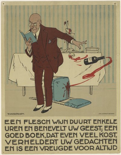 Kitap okuyan adam yanlışlıkla bir şişe ve bir kadeh şarabı masadan düşürür. Kitabın tanıtımı için kampanya (seri adı) by Piet van der Hem