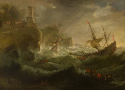 Kayalık Bir Sahilde Kuruyan Gemiler, c.1657-1701 (tuval üzerine yağlı boya) by follower of Pieter Mulier