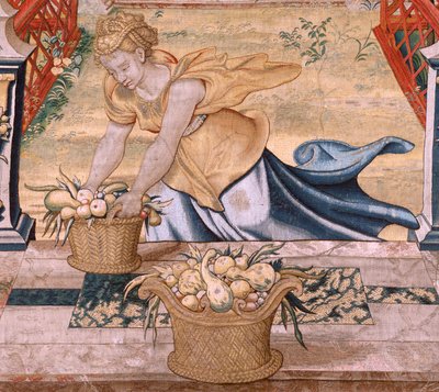 Flaman halısı. Vertumnus ve Pomona.Vertumnus serisi bir çiftçiye dönüştü. Alt sınırın orta kısmında Jüpiter