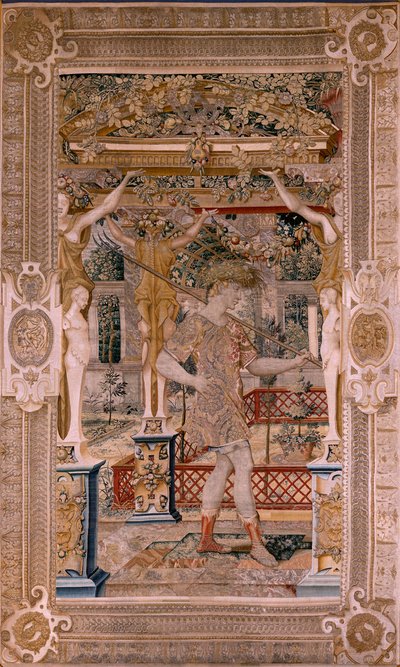 Flaman halısı. Vertumnus ve Pomona.Vertumnus serisi bir çiftçiye dönüştü. Serinin ikinci halısı. Sol kısım Daphne