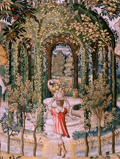 Flaman halısı. Vertumnus ve Pomona Serisi; Vertumnus bir bahçıvana dönüştü (Vertumno transformado en jardinero). Serinin beşinci halısı. Pieter Coecke Van Aelst ve Léonard Thiry