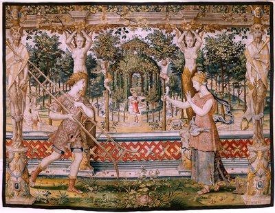 Flaman halısı. Vertumnus ve Pomona Serisi; Vertumnus bir bahçıvana dönüştü (Vertumno transformado en jardinero). Serinin beşinci halısı. Pieter Coecke Van Aelst ve Léonard Thiry