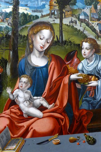Meryem, bebek İsa ve bir melek. Kutsal Aile üçlüsünün detayı by Pieter (studio of) Coecke van Aelst