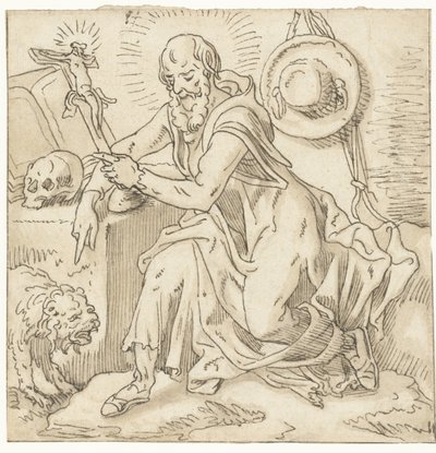 Bir haç, kitap ve kafatası tarafından oturan Aziz Jerome by Pieter Aertsen (workshop of)