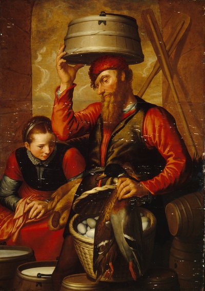 Kümes Hayvanları Satıcısı (Fowl Satıcısı). Geleneksel kıyafetli bir çift köylü, yumurta sepetlerini ve mallarını pazara hazırlar. Pieter Aertsen (1508-1575), ahşap üzerine yağlı boya by Pieter Aertsen